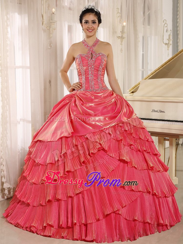 Halter Watermelon Pleating Beaded Organza Dresses for Quinceanera