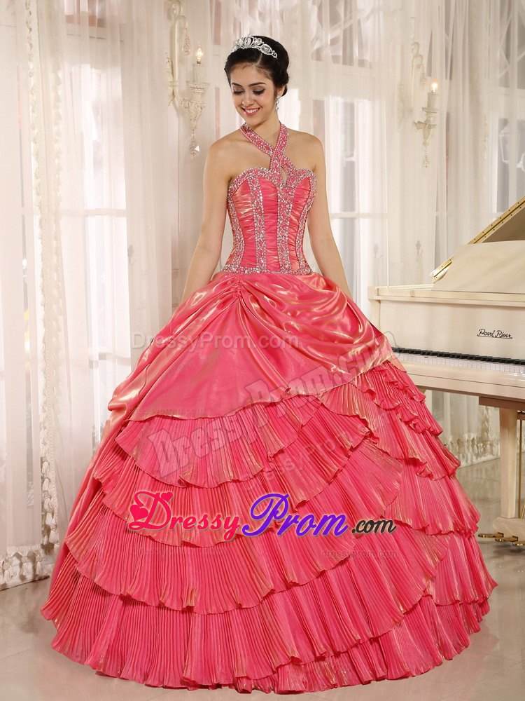 Halter Watermelon Pleating Beaded Organza Dresses for Quinceanera