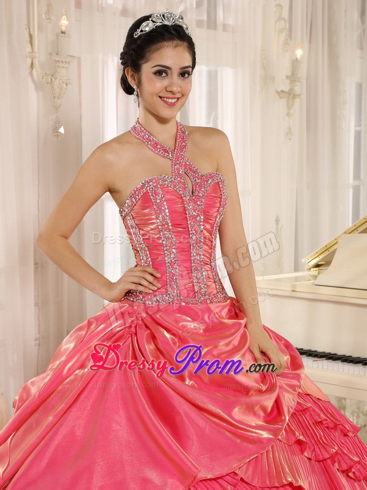 Halter Watermelon Pleating Beaded Organza Dresses for Quinceanera