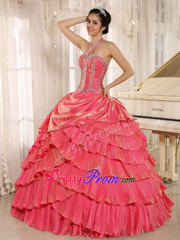 Halter Watermelon Pleating Beaded Organza Dresses for Quinceanera