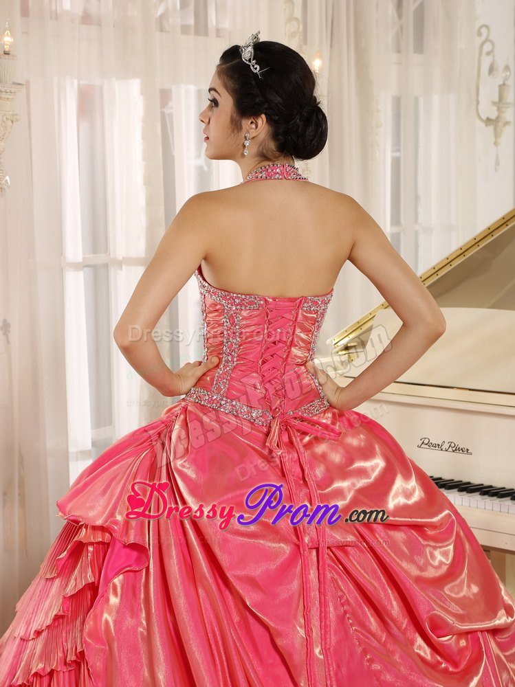 Halter Watermelon Pleating Beaded Organza Dresses for Quinceanera