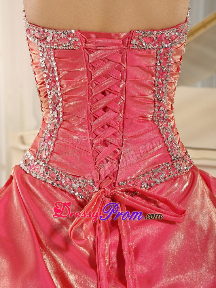 Halter Watermelon Pleating Beaded Organza Dresses for Quinceanera