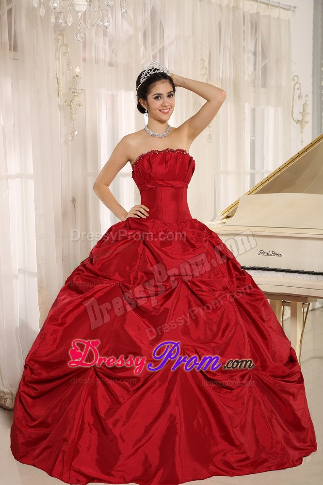 Custom Made 2014 Wine Red Taffeta Quinceanera Dress with Pick-ups