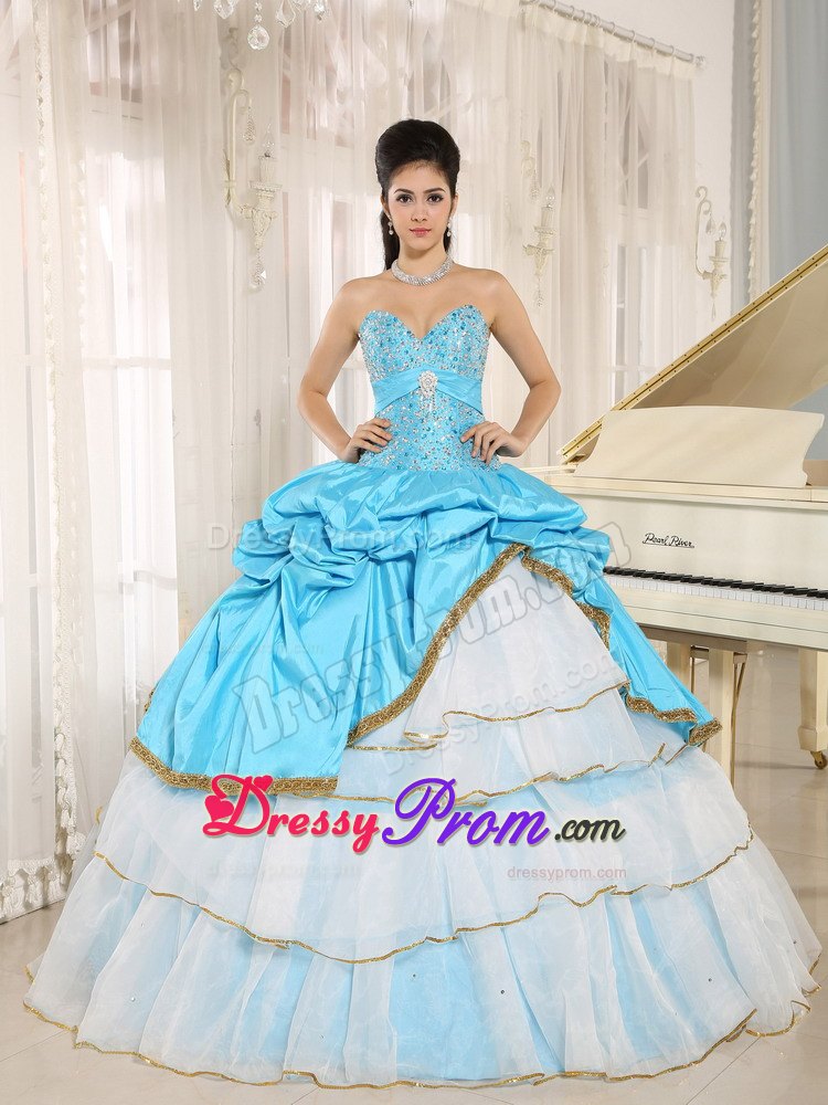 Beaded Ruffles Layered Aqua Blue and White Quinceanera Dresses