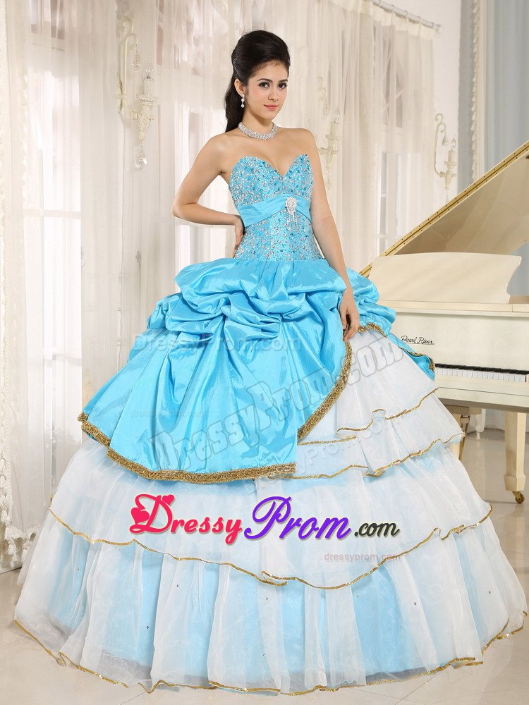 Beaded Ruffles Layered Aqua Blue and White Quinceanera Dresses