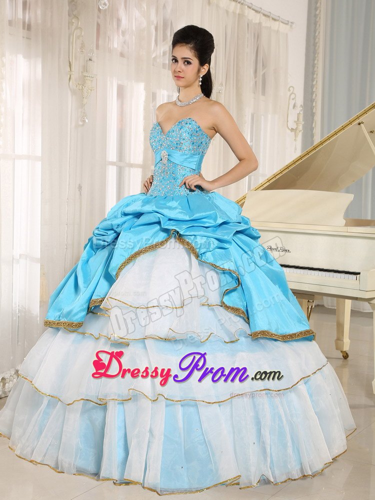 Beaded Ruffles Layered Aqua Blue and White Quinceanera Dresses
