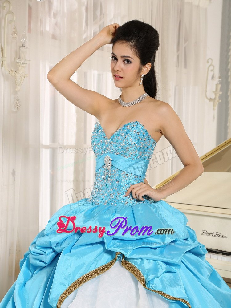 Beaded Ruffles Layered Aqua Blue and White Quinceanera Dresses