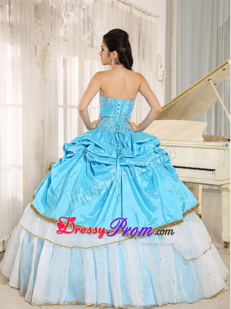Beaded Ruffles Layered Aqua Blue and White Quinceanera Dresses