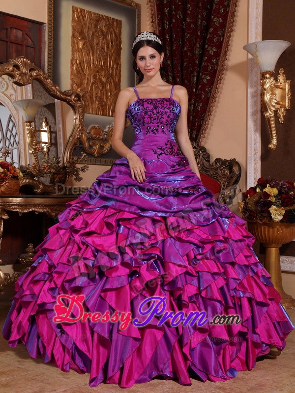 Spaghetti Straps Purple and Fuchsia Embroidery Quinceanera Dress