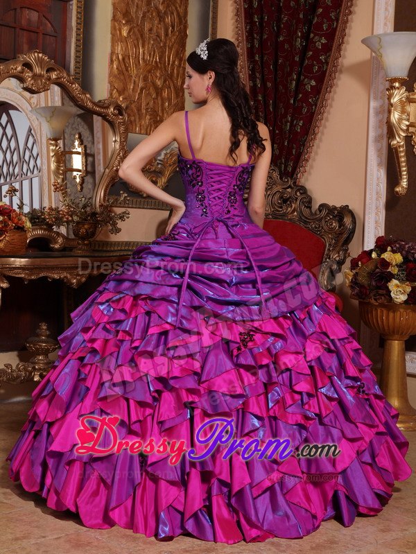 Spaghetti Straps Purple and Fuchsia Embroidery Quinceanera Dress
