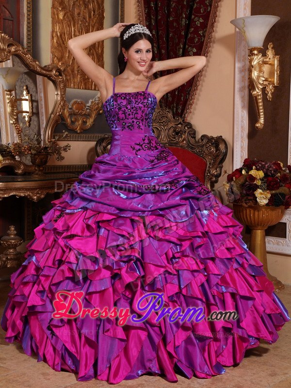 Spaghetti Straps Purple and Fuchsia Embroidery Quinceanera Dress