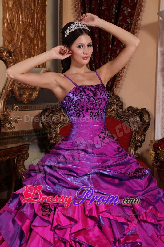 Spaghetti Straps Purple and Fuchsia Embroidery Quinceanera Dress