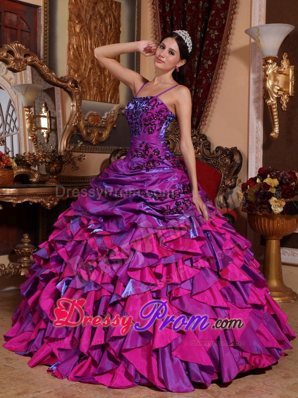Spaghetti Straps Purple and Fuchsia Embroidery Quinceanera Dress