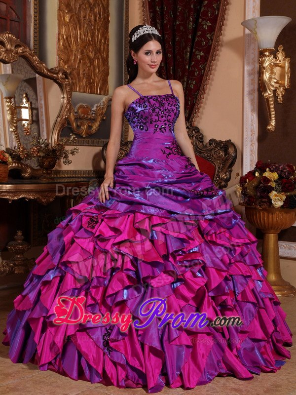 Spaghetti Straps Purple and Fuchsia Embroidery Quinceanera Dress