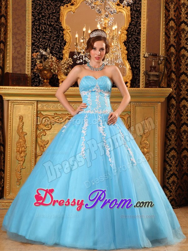 Light Blue Tulle Appliques Sweetheart Dresses for Quinceaneras