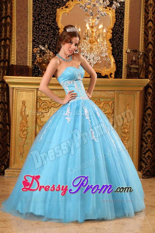 Light Blue Tulle Appliques Sweetheart Dresses for Quinceaneras