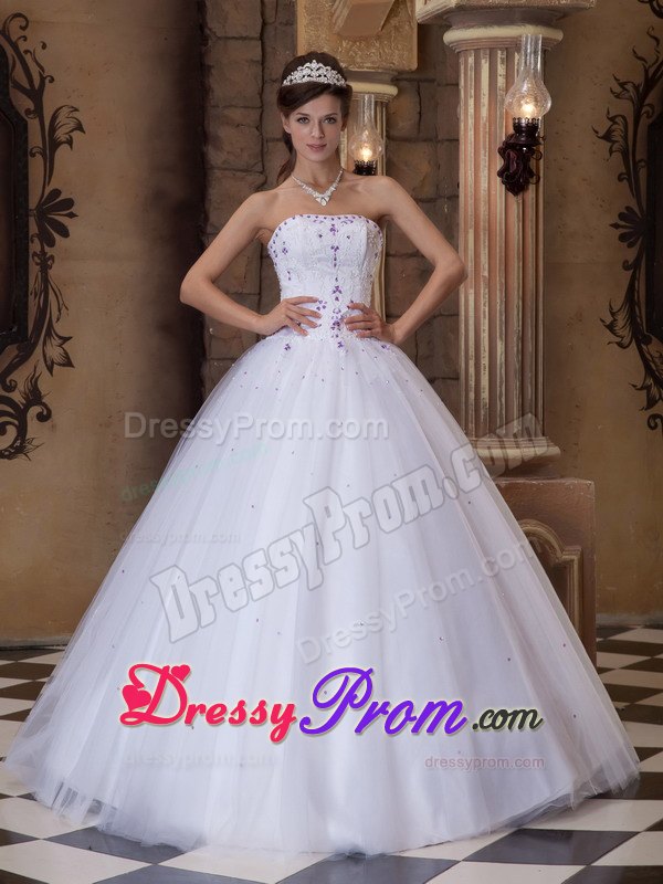 Embroidery Strapless White Beading Sweet 15 Quinceanera Dresses