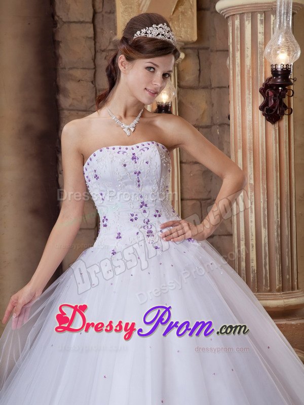 Embroidery Strapless White Beading Sweet 15 Quinceanera Dresses