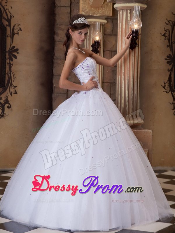 Embroidery Strapless White Beading Sweet 15 Quinceanera Dresses