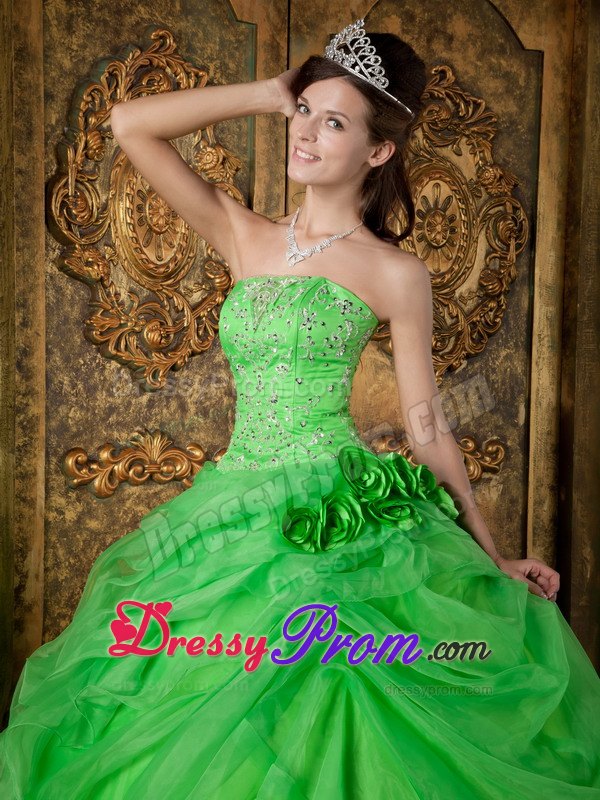 Spring Green Organza Beading Quinceanera Dresses with Hand Flowers