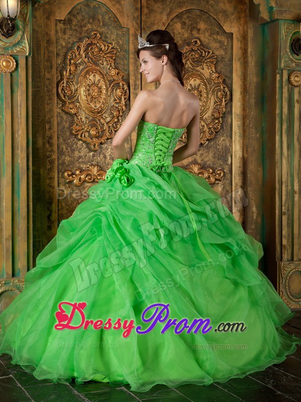 Spring Green Organza Beading Quinceanera Dresses with Hand Flowers