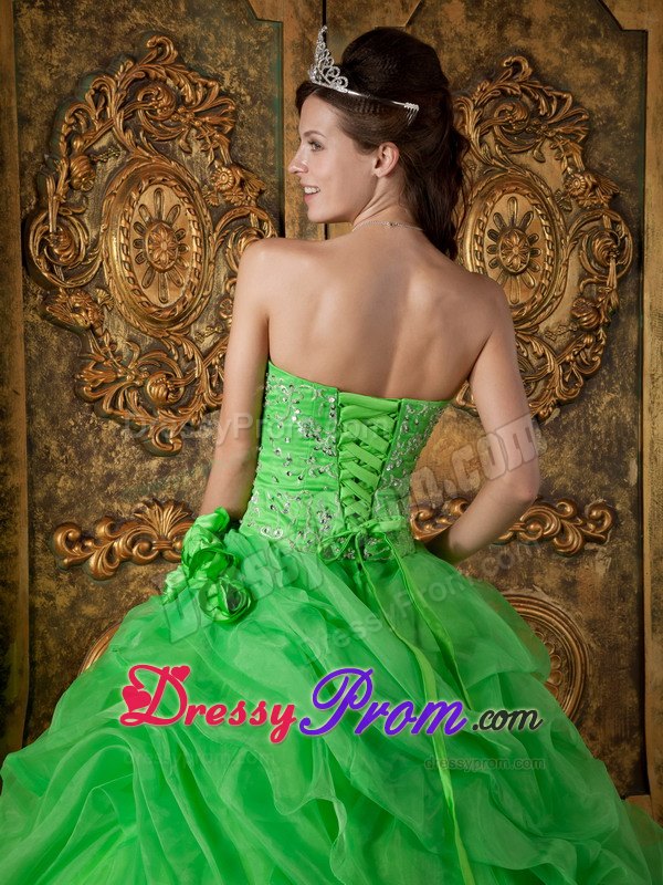 Spring Green Organza Beading Quinceanera Dresses with Hand Flowers