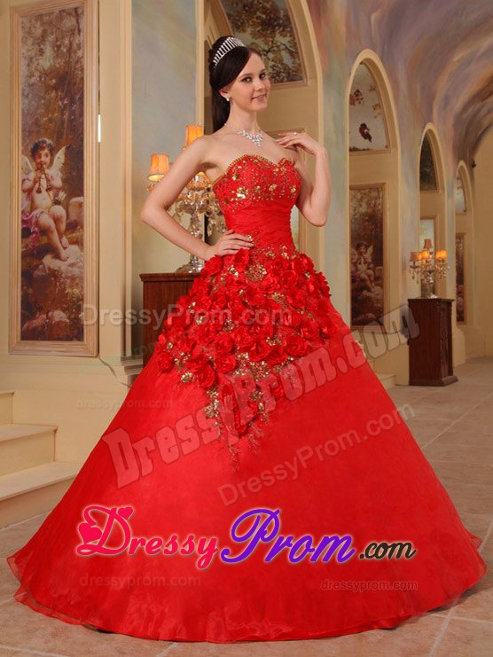 Beading Flowers Sweetheart Red Quinceanera Dresses for Sweet 16