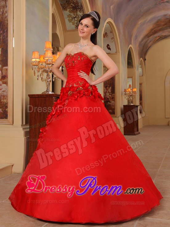 Beading Flowers Sweetheart Red Quinceanera Dresses for Sweet 16