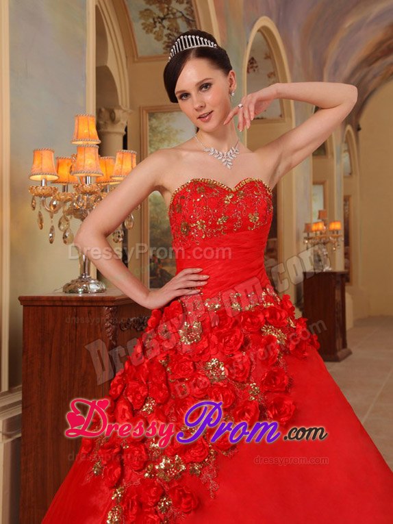 Beading Flowers Sweetheart Red Quinceanera Dresses for Sweet 16