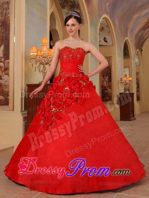 Beading Flowers Sweetheart Red Quinceanera Dresses for Sweet 16
