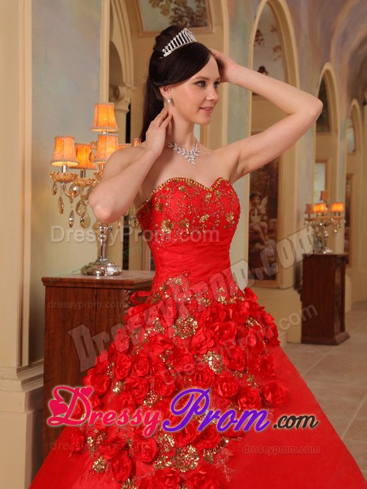 Beading Flowers Sweetheart Red Quinceanera Dresses for Sweet 16