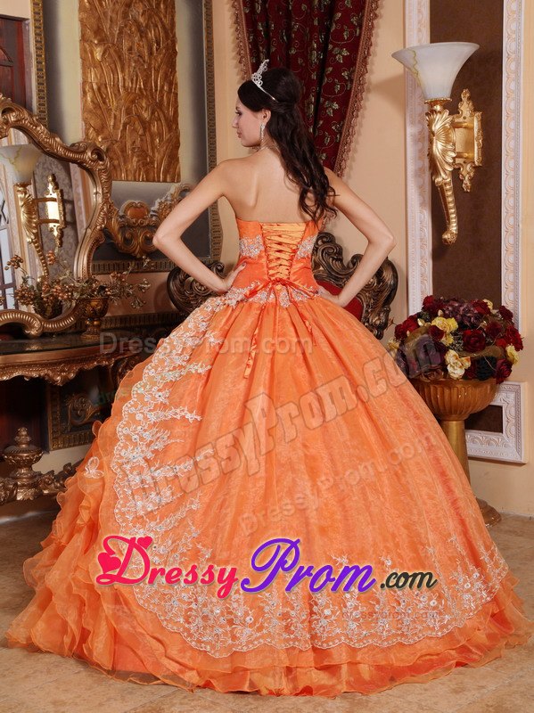 Ruffles Organza Orange Red Appliques Ruching Quinceanera Dress