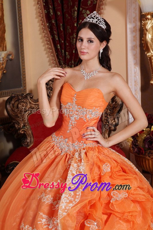 Ruffles Organza Orange Red Appliques Ruching Quinceanera Dress