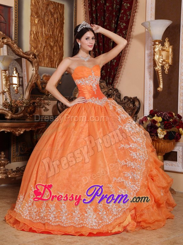 Ruffles Organza Orange Red Appliques Ruching Quinceanera Dress