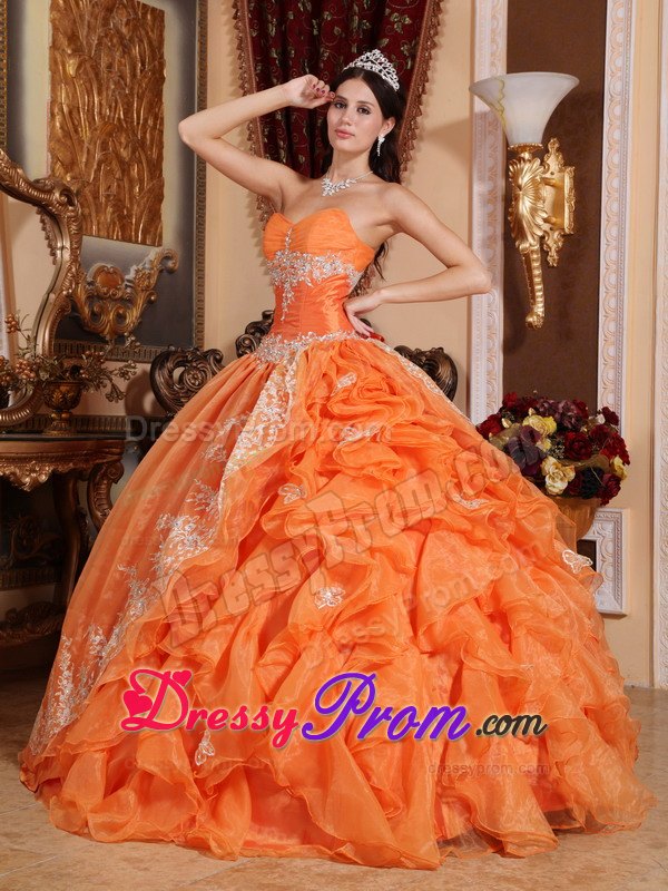 Ruffles Organza Orange Red Appliques Ruching Quinceanera Dress