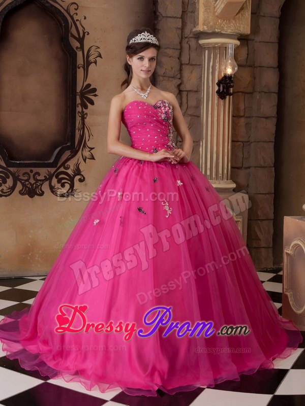 Hot Pink Beading Organza Quinceanera Dress with Colorful Appliques