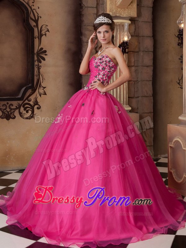 Hot Pink Beading Organza Quinceanera Dress with Colorful Appliques