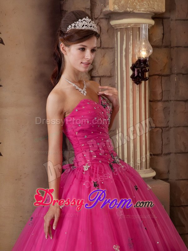 Hot Pink Beading Organza Quinceanera Dress with Colorful Appliques