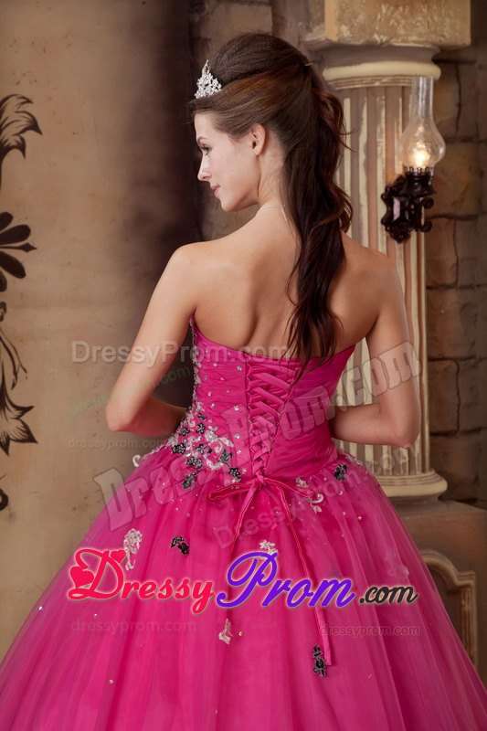 Hot Pink Beading Organza Quinceanera Dress with Colorful Appliques
