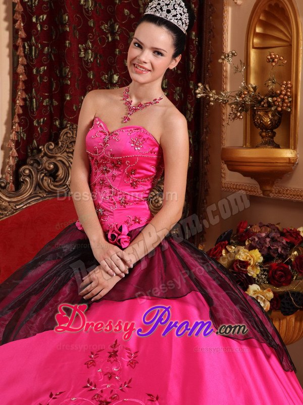 Embroidery Hot Pink and Black Beading Dresses For Quinceaneras