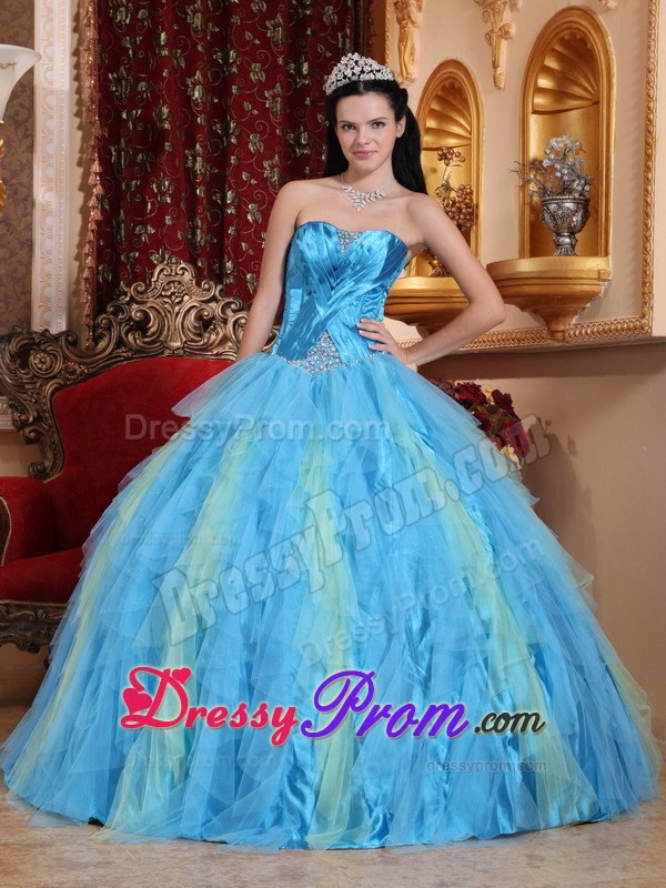 Ruched Beading Tulle Aqua Blue Sweetheart Quinceanera Dresses