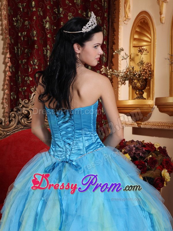 Ruched Beading Tulle Aqua Blue Sweetheart Quinceanera Dresses