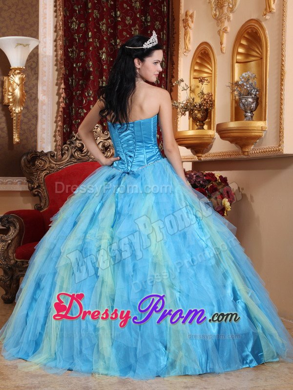 Ruched Beading Tulle Aqua Blue Sweetheart Quinceanera Dresses