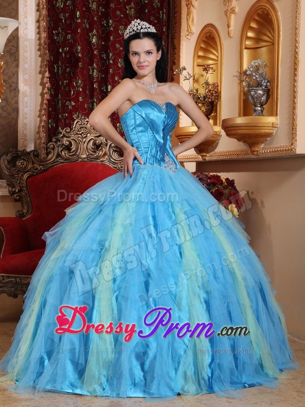 Ruched Beading Tulle Aqua Blue Sweetheart Quinceanera Dresses