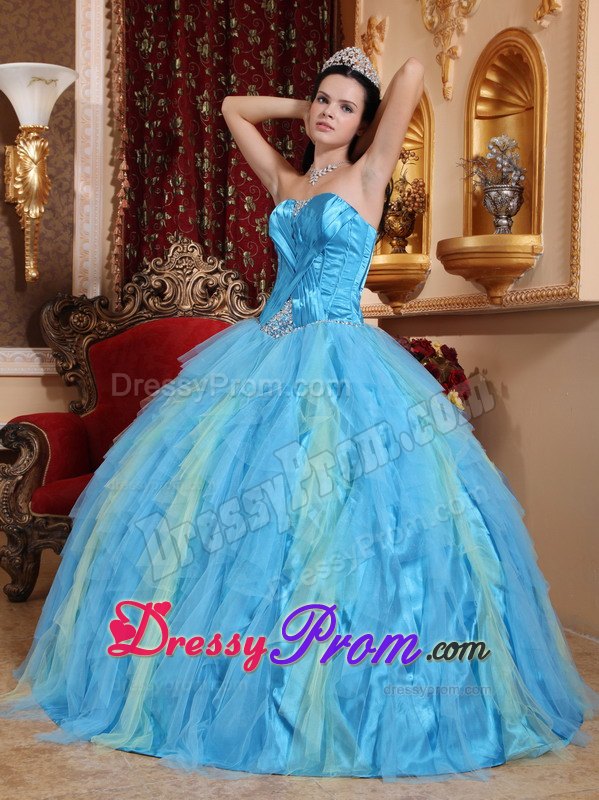 Ruched Beading Tulle Aqua Blue Sweetheart Quinceanera Dresses