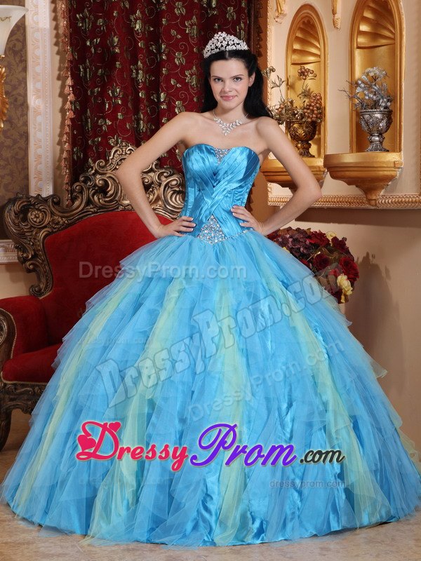 Ruched Beading Tulle Aqua Blue Sweetheart Quinceanera Dresses