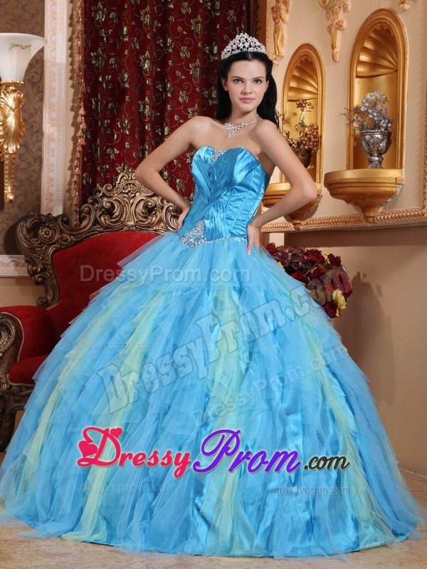 Ruched Beading Tulle Aqua Blue Sweetheart Quinceanera Dresses
