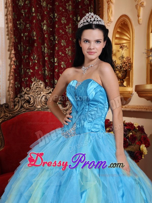 Ruched Beading Tulle Aqua Blue Sweetheart Quinceanera Dresses