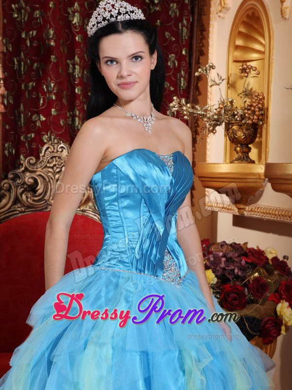 Ruched Beading Tulle Aqua Blue Sweetheart Quinceanera Dresses