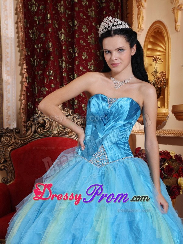 Ruched Beading Tulle Aqua Blue Sweetheart Quinceanera Dresses